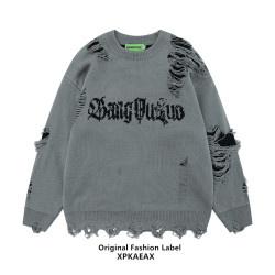 XPKAEAX原創潮牌小衆設計感破洞毛邊針織衫字母提花毛衣衛衣秋裝