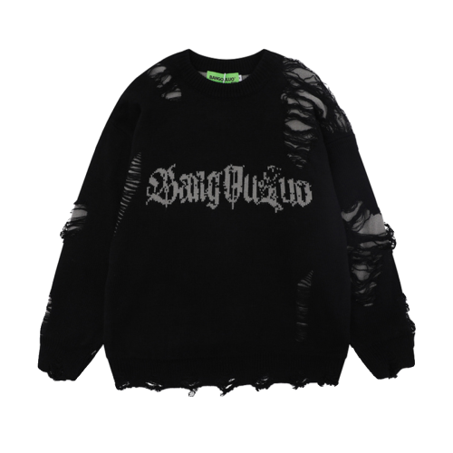 XPKAEAX原創潮牌小衆設計感破洞毛邊針織衫字母提花毛衣衛衣秋裝