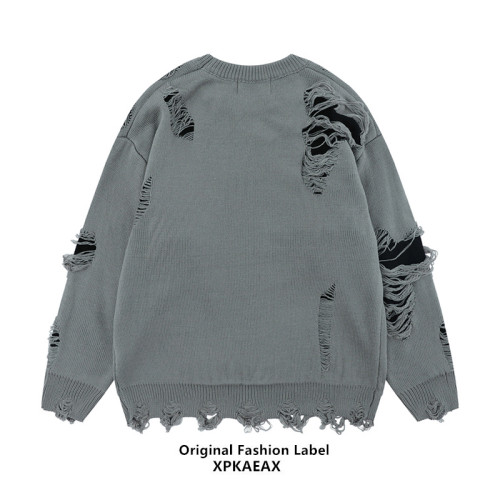 XPKAEAX原創潮牌小衆設計感破洞毛邊針織衫字母提花毛衣衛衣秋裝
