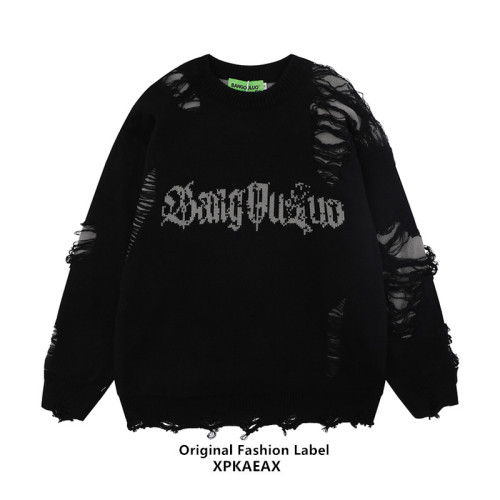 XPKAEAX原創潮牌小衆設計感破洞毛邊針織衫字母提花毛衣衛衣秋裝