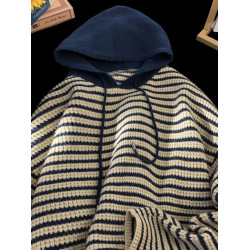 秋冬特大碼300斤美式ins潮流條紋連帽毛衣男復古時尚寬松休閒上衣