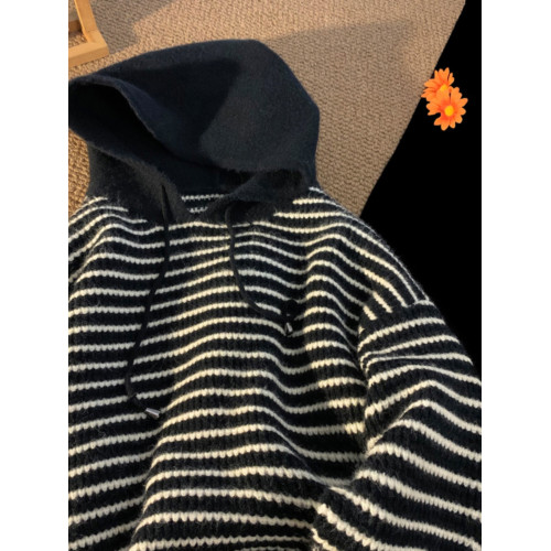 秋冬特大碼300斤美式ins潮流條紋連帽毛衣男復古時尚寬松休閒上衣