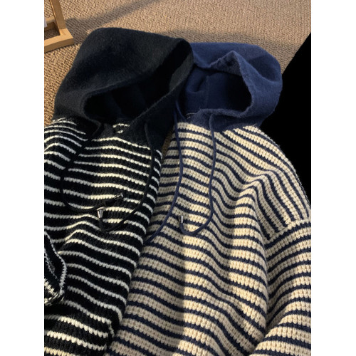 秋冬特大碼300斤美式ins潮流條紋連帽毛衣男復古時尚寬松休閒上衣