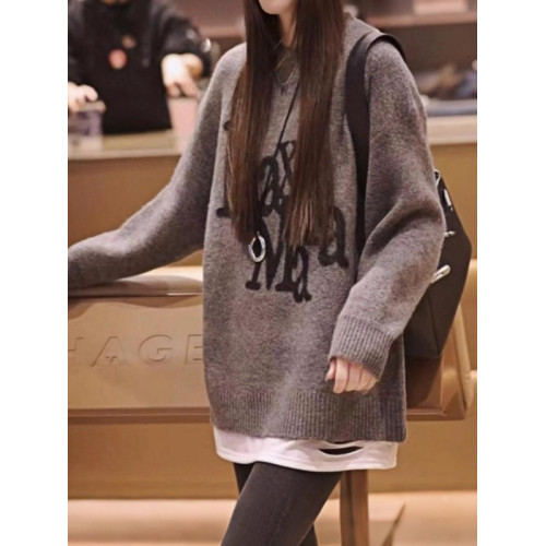 中長款灰色毛衣女款秋冬2025新款大碼胖MM寬松洋氣獨特針織上衣