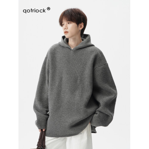 美式復古連帽毛衣男女冬季潮牌慵懶風連帽針織衫寬松加厚休閒外套