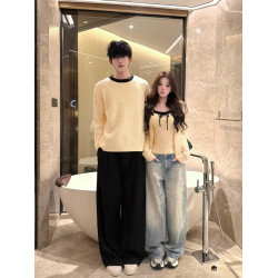 韓系氛圍感情侶裝毛衣秋冬季小衆設計感溫柔針織開衫配吊帶兩件套