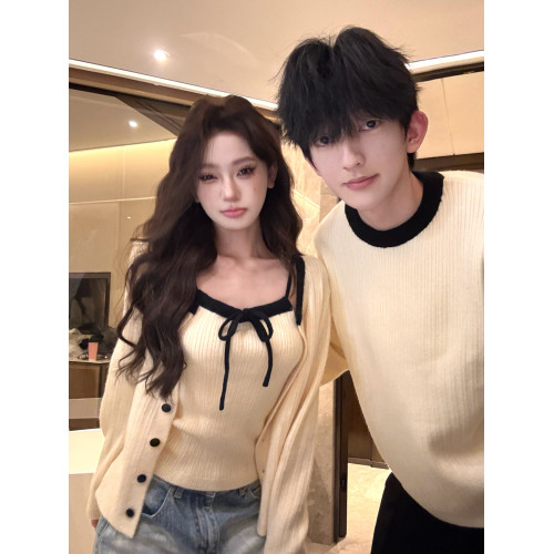 韓系氛圍感情侶裝毛衣秋冬季小衆設計感溫柔針織開衫配吊帶兩件套