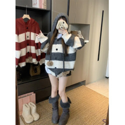 復古條紋連帽毛球開衫毛衣外套女秋季2025新款軟糯針織中長款上衣