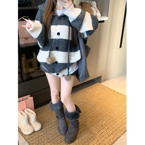復古條紋連帽毛球開衫毛衣外套女秋季2025新款軟糯針織中長款上衣