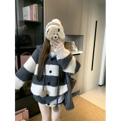 復古條紋連帽毛球開衫毛衣外套女秋季2025新款軟糯針織中長款上衣