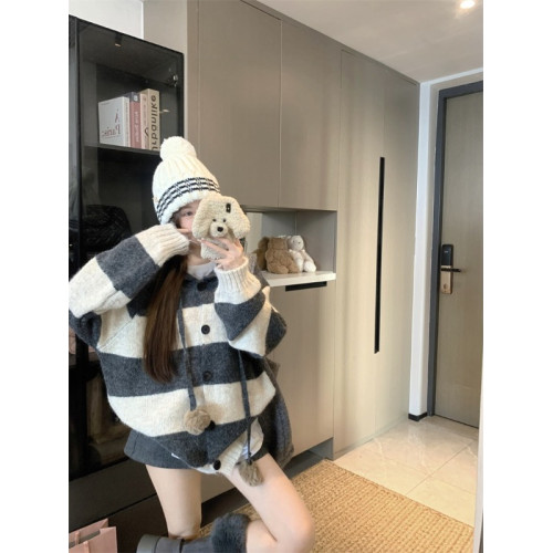 復古條紋連帽毛球開衫毛衣外套女秋季2025新款軟糯針織中長款上衣