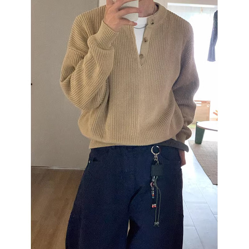 老錢風亨利領毛衣男款秋冬cleanfit美式復古POLO針織衫慵懶打底衫