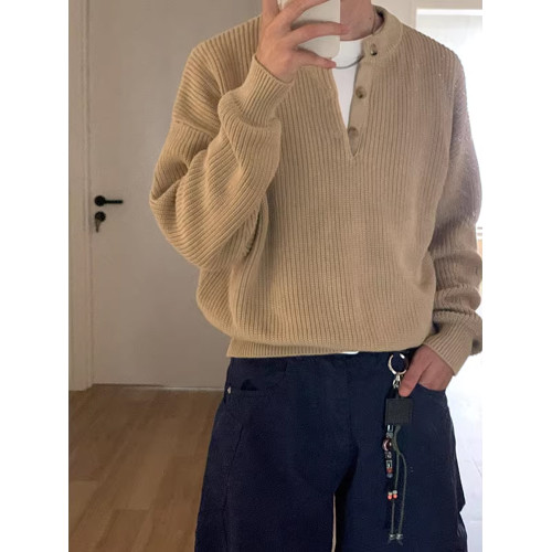 老錢風亨利領毛衣男款秋冬cleanfit美式復古POLO針織衫慵懶打底衫