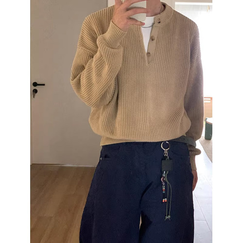 老錢風亨利領毛衣男款秋冬cleanfit美式復古POLO針織衫慵懶打底衫