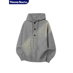 WASSUP SHARK復古灰色重磅連帽毛衣男女潮牌秋冬慵懶風針織衫外套