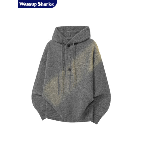 WASSUP SHARK復古灰色重磅連帽毛衣男女潮牌秋冬慵懶風針織衫外套