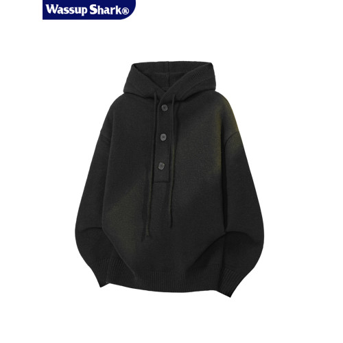 WASSUP SHARK復古灰色重磅連帽毛衣男女潮牌秋冬慵懶風針織衫外套