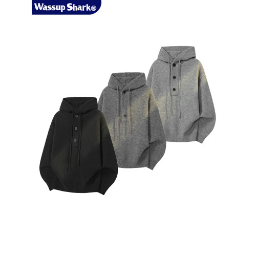 WASSUP SHARK復古灰色重磅連帽毛衣男女潮牌秋冬慵懶風針織衫外套