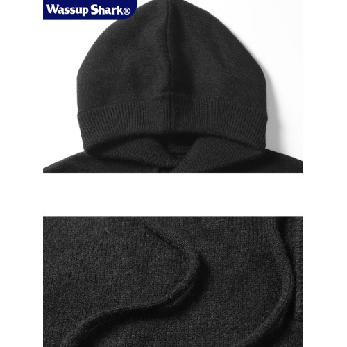 WASSUP SHARK復古灰色重磅連帽毛衣男女潮牌秋冬慵懶風針織衫外套