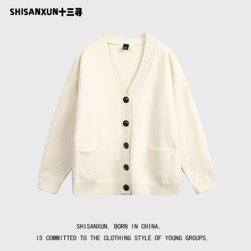 SHISANXUN針織開衫外套男春秋美式情侶v領毛衣慵懶風上衣韓系風格