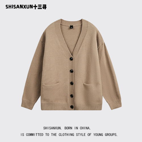 SHISANXUN針織開衫外套男春秋美式情侶v領毛衣慵懶風上衣韓系風格