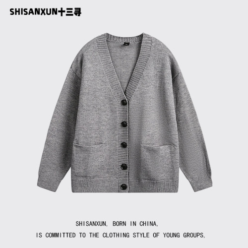 SHISANXUN針織開衫外套男春秋美式情侶v領毛衣慵懶風上衣韓系風格