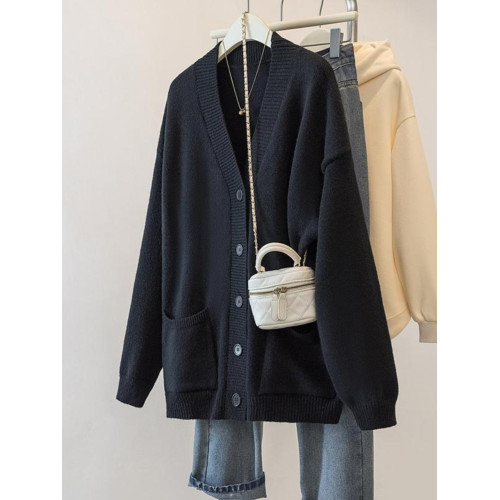 黑色毛衣開衫外套女2025年秋季大碼顯瘦慵懶風寬松中長款針織上衣