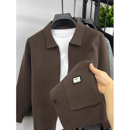 開衫針織衫毛衣披肩外套男菱形提花潮流修身秋季男裝休閒翻領上衣