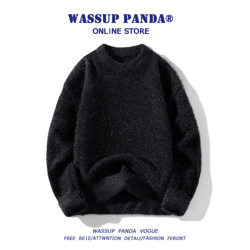 WASSUP PANDA貂絨毛衣男秋冬慵懶風毛茸茸加絨加厚情侶打底針織衫