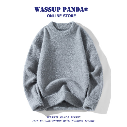WASSUP PANDA貂絨毛衣男秋冬慵懶風毛茸茸加絨加厚情侶打底針織衫