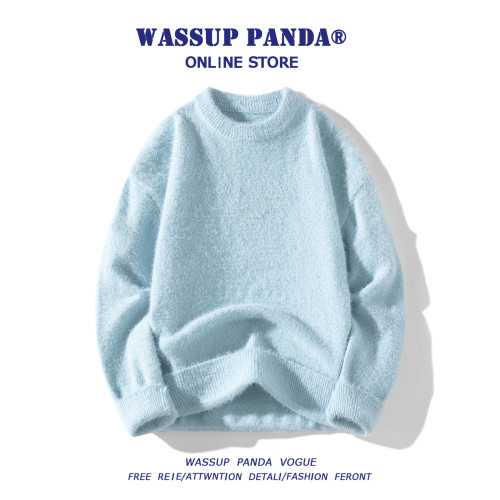 WASSUP PANDA貂絨毛衣男秋冬慵懶風毛茸茸加絨加厚情侶打底針織衫