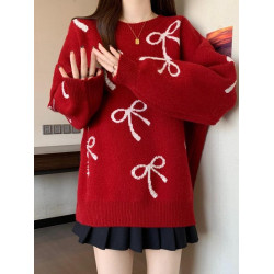 蝴蝶結紅色正肩毛衣女2025秋季新款大碼胖mm中長款針織衫減齡上衣