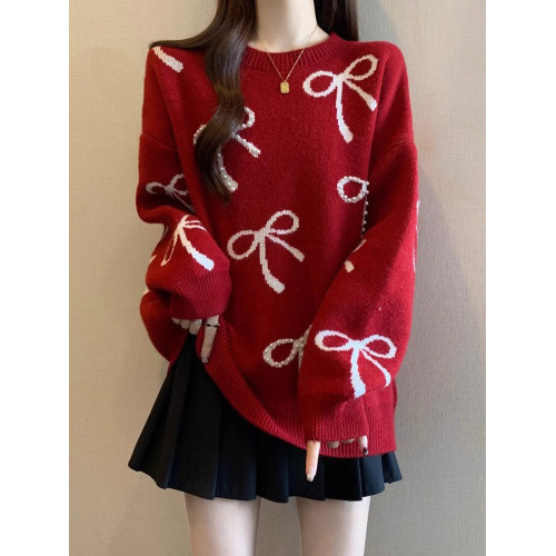 蝴蝶結紅色正肩毛衣女2025秋季新款大碼胖mm中長款針織衫減齡上衣