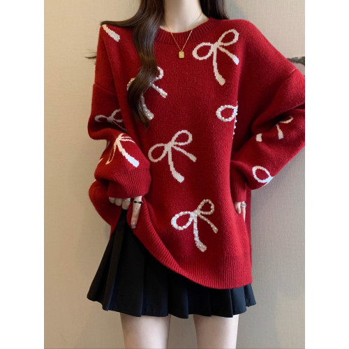 蝴蝶結紅色正肩毛衣女2025秋季新款大碼胖mm中長款針織衫減齡上衣