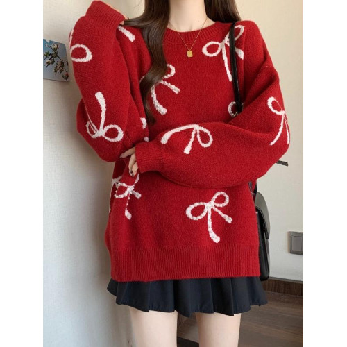 蝴蝶結紅色正肩毛衣女2025秋季新款大碼胖mm中長款針織衫減齡上衣