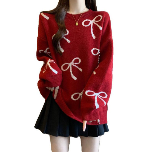 蝴蝶結紅色正肩毛衣女2025秋季新款大碼胖mm中長款針織衫減齡上衣