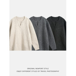 SYP日系不系男生秋冬立體絞花肌理復古寬松重磅小v領毛衣針織衫