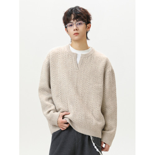 SYP日系不系男生秋冬立體絞花肌理復古寬松重磅小v領毛衣針織衫