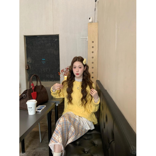 黃色奶fufu超好看麻花毛衣高級感冬季加厚慵懶軟糯寬松外穿上衣女