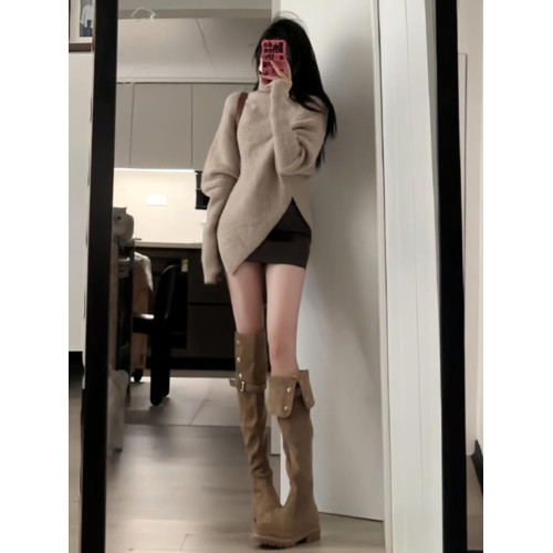美式復古套頭高領毛衣春冬韓系穿搭慵懶風高級感不規則針織上衣服