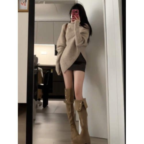 美式復古套頭高領毛衣春冬韓系穿搭慵懶風高級感不規則針織上衣服