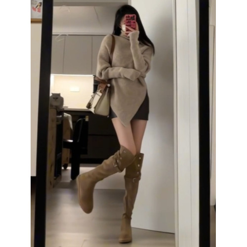 美式復古套頭高領毛衣春冬韓系穿搭慵懶風高級感不規則針織上衣服