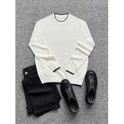 秋冬款純棉撞色圓領針織衫男毛衣長袖休閒時尚修身內搭打底套頭