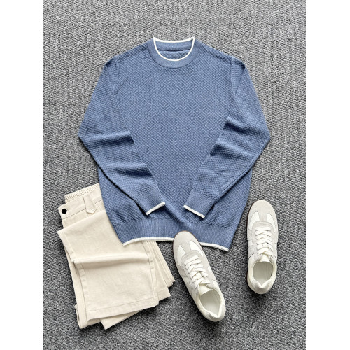 秋冬款純棉撞色圓領針織衫男毛衣長袖休閒時尚修身內搭打底套頭