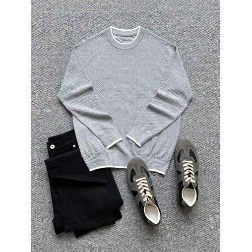 秋冬款純棉撞色圓領針織衫男毛衣長袖休閒時尚修身內搭打底套頭