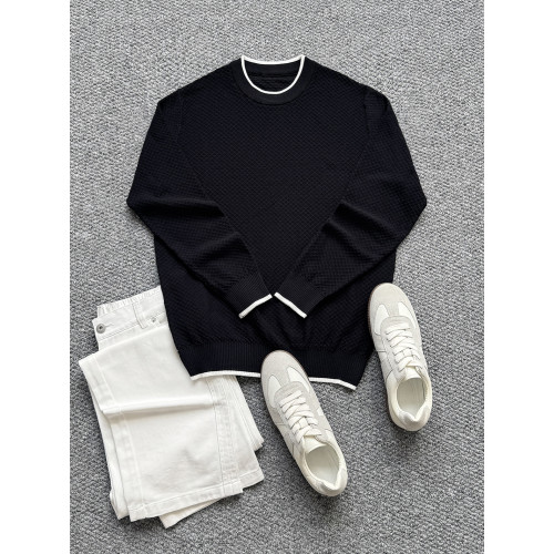 秋冬款純棉撞色圓領針織衫男毛衣長袖休閒時尚修身內搭打底套頭