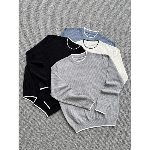 秋冬款純棉撞色圓領針織衫男毛衣長袖休閒時尚修身內搭打底套頭