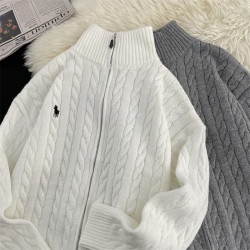 秋冬季高級感麻花針織開衫男美式復古寬松慵懶風休閒保暖立領毛衣