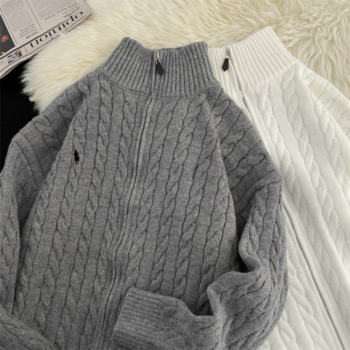 秋冬季高級感麻花針織開衫男美式復古寬松慵懶風休閒保暖立領毛衣