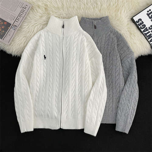 秋冬季高級感麻花針織開衫男美式復古寬松慵懶風休閒保暖立領毛衣